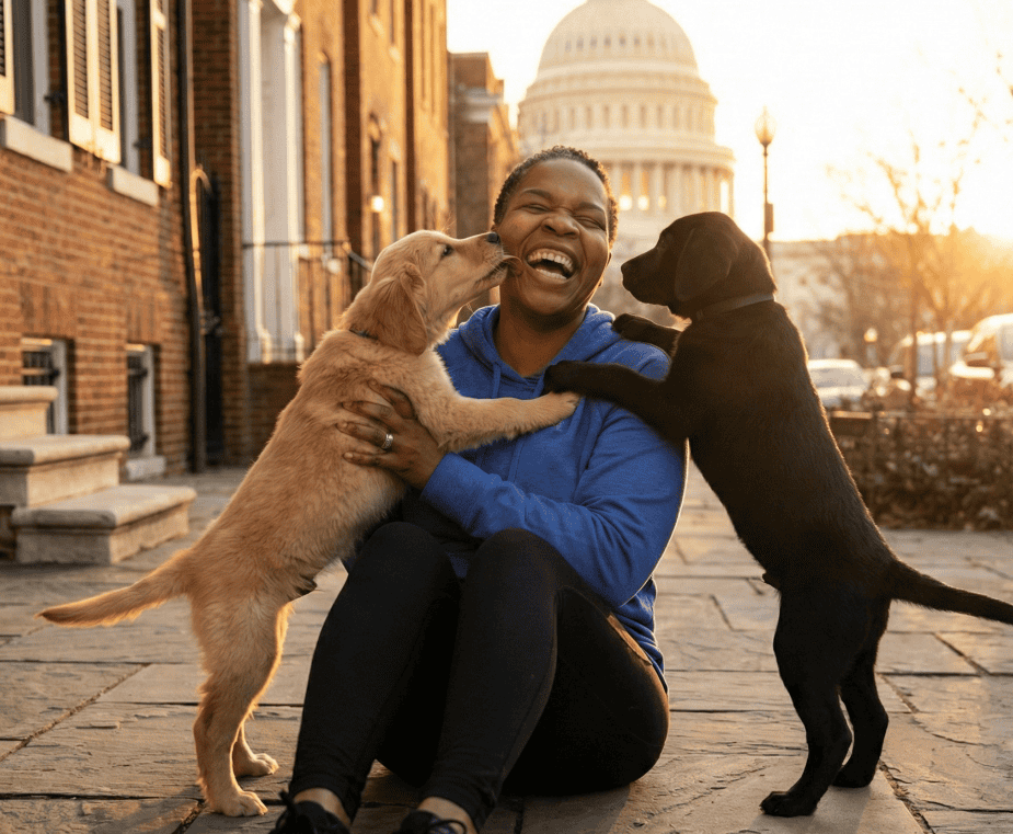 Happy woman playing with two puppies outdoors at sunset.