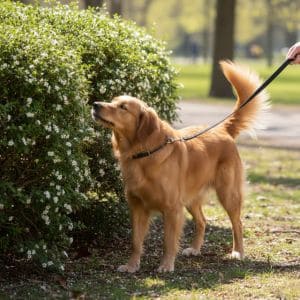 Golden Retriever sniffing bushes during walk in park.