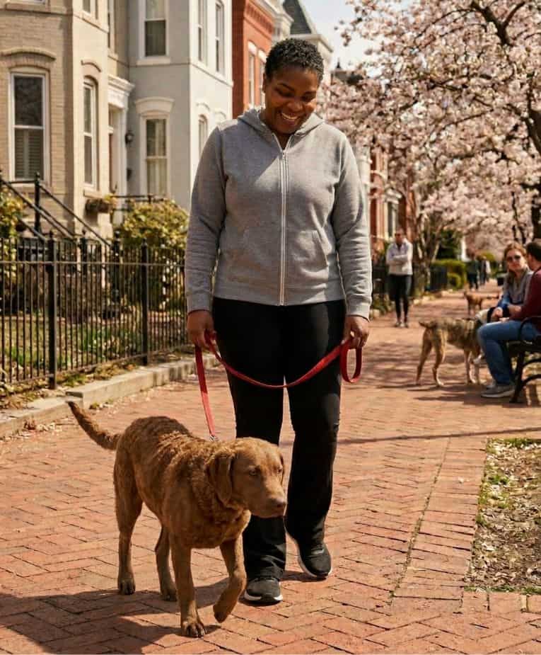 Woman walking her dog on a sunny city sidewalk with blooming trees.