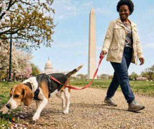 dog walker Capitol Hill DC walking dog on leash near Lincoln Park