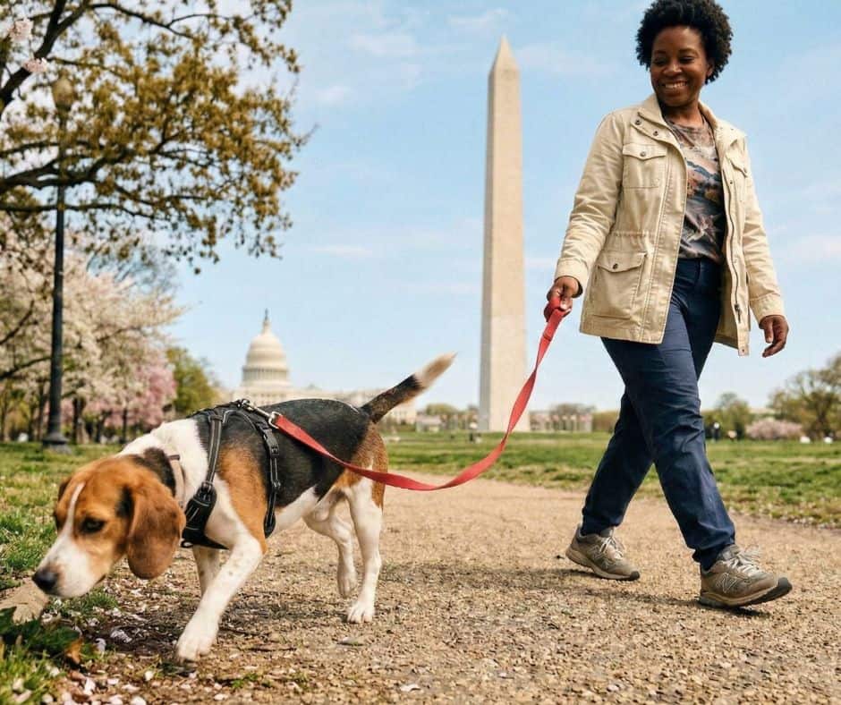 dog walker Capitol Hill DC walking dog on leash near Lincoln Park