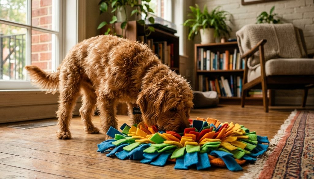 Capitol Hill dog doing indoor nose work on a snuffle mat during an Inside Walk on a hot day