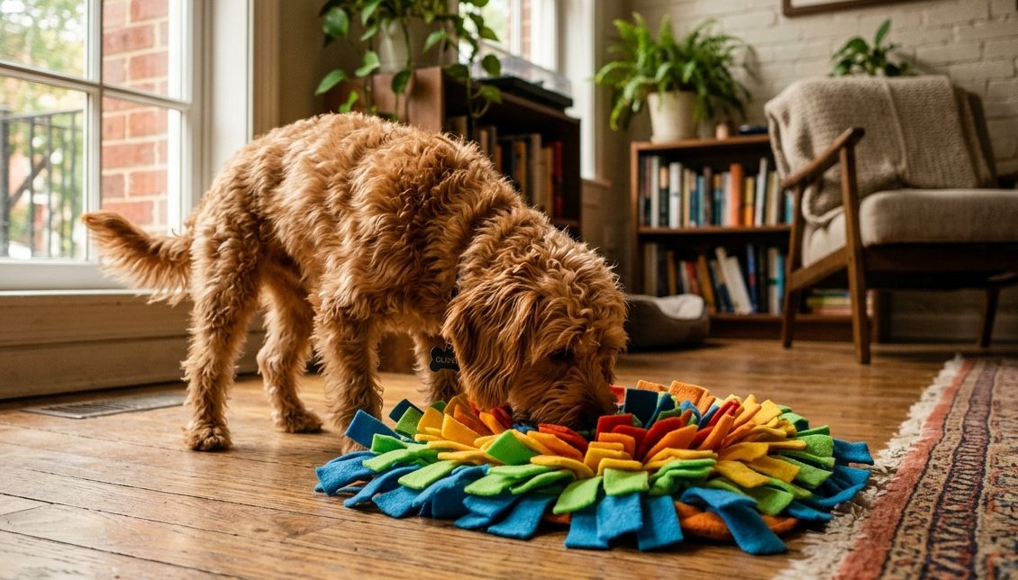 Capitol Hill dog doing indoor nose work on a snuffle mat during an Inside Walk on a hot day
