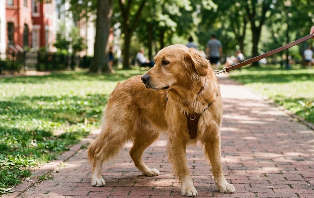 A golden retriever pausing on a brick path in a Capitol Hill park, turned to the side and reading its surroundings File name before upload: rename it from body_language_pic.png to something descriptive like golden-retriever-stress-signals-capitol-hill.png or dog-body-language-capitol-hill.png. Google reads the file name. Two small things worth noting, neither a problem: There's a faint sparkle/star mark in the bottom-right corner (an AI-generation watermark). If you want it gone, a quick crop of the bottom-right or a clone-stamp removes it. Not essential, but worth a glance if you're particular. The golden is warm orange-brown, which is a different look from both Kobe (black and white) and Maple (warm brown but smaller, different breed), so no confusion with your business dogs. Good. Want anything else on this post, or are you set to finish loading it? A golden retriever pausing on a brick path in a Capitol Hill park, turned to the side and reading its surroundings