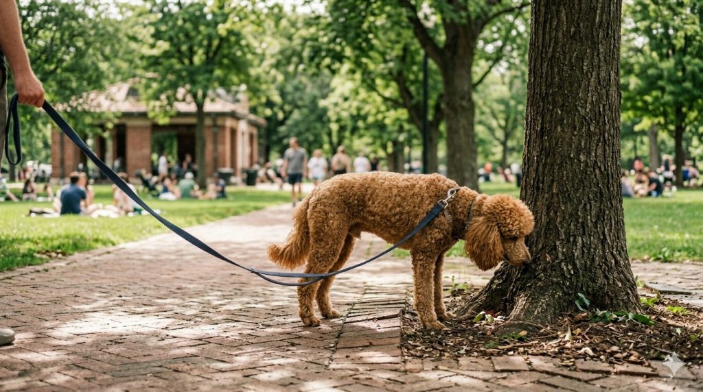 Dog sniffing the ground on a quiet Capitol Hill sidewalk during a decompression walk