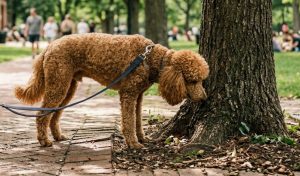 Dog sniffing the ground on a quiet Capitol Hill sidewalk during a decompression walk