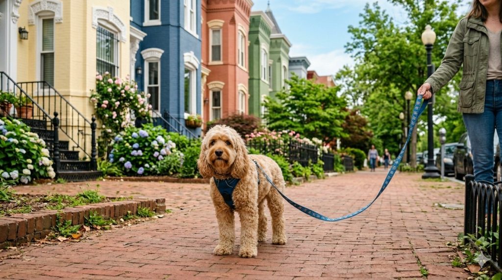 dog on a Capitol Hill DC brick sidewalk on a midday walk