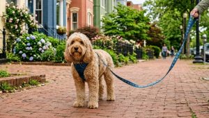 dog on a Capitol Hill DC brick sidewalk on a midday walk