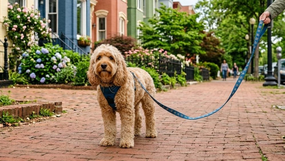 dog on a Capitol Hill DC brick sidewalk on a midday walk