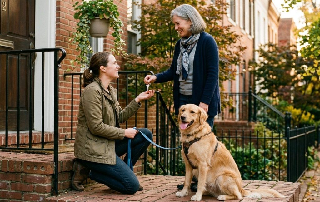 Capitol Hill dog walker holding a house key at a rowhouse door