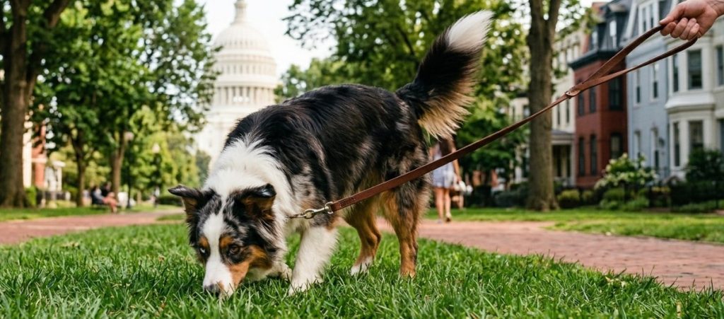 An Australian shepherd on an enrichment walk in a Capitol Hill park, one way to mentally stimulate my dog, with the Capitol dome behind