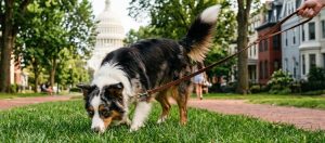 An Australian shepherd on an enrichment walk in a Capitol Hill park, one way to mentally stimulate my dog, with the Capitol dome behind