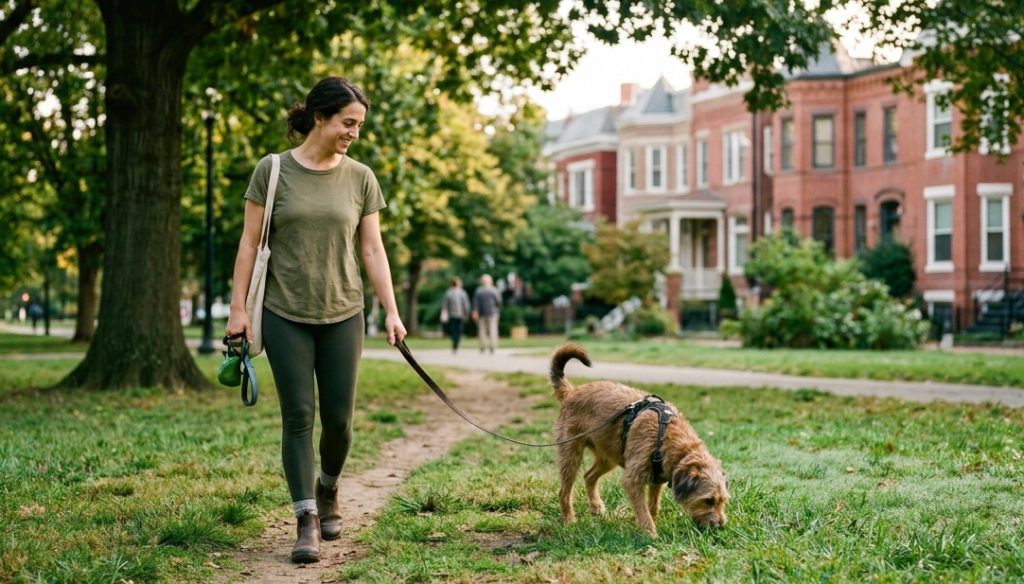 Dog walker and dog on a summer walk in Capitol Hill