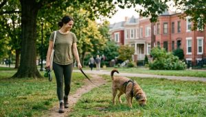 Dog walker and dog on a summer walk in Capitol Hill