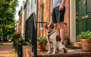 A dog sitting happily beside their walker on a Capitol Hill stoop, a reassuring answer to does my dog like the walker more than me