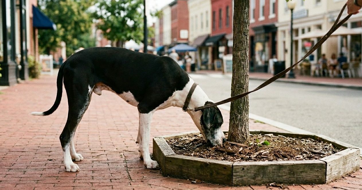 A black and white dog sniffing intently at the base of a tree box on a red brick Capitol Hill sidewalk
