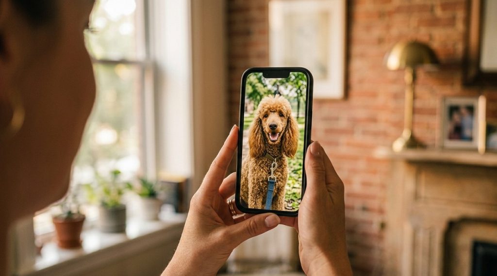 A Capitol Hill dog parent looking at a dog walk report photo of their happy dog on a phone