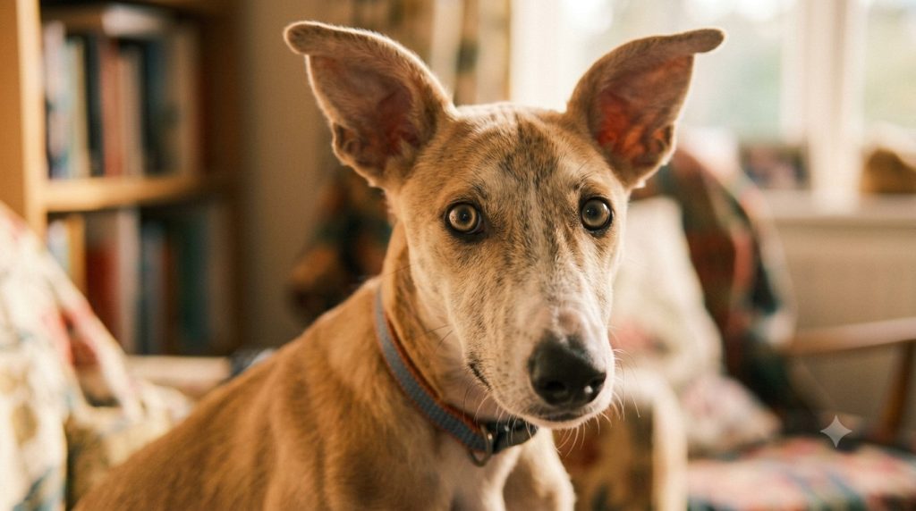 Close-up of an alert brindle dog with ears forward, looking directly at the camera indoors