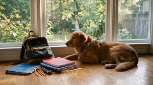 dog resting calmly beside school supplies, adjusting to a back to school schedule