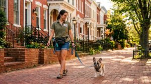 Dog walker with a french bulldog puppy in Capitol Hill