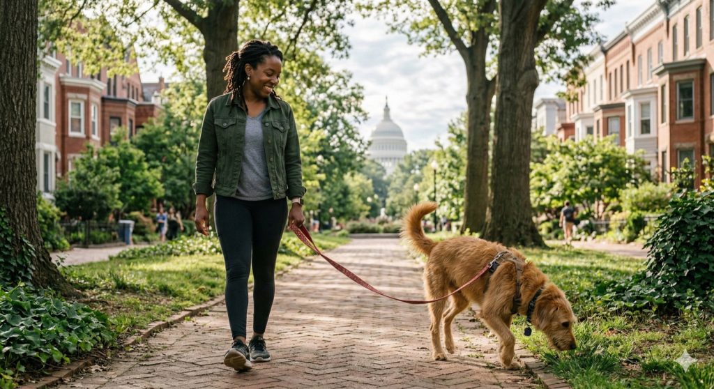Private dog walker on a one-on-one walk near Lincoln Park in Capitol Hill, Washington DC