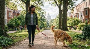 Private dog walker on a one-on-one walk near Lincoln Park in Capitol Hill, Washington DC