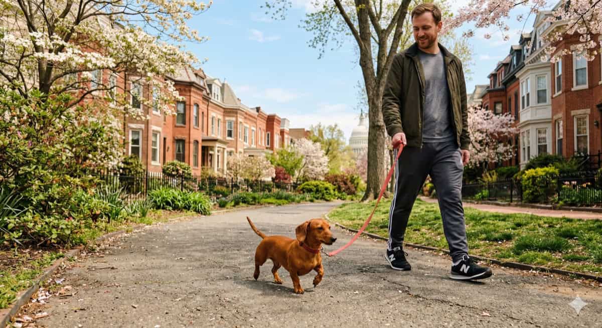 The same Saving Fido walker greeting a familiar dog at the door in Capitol Hill DC