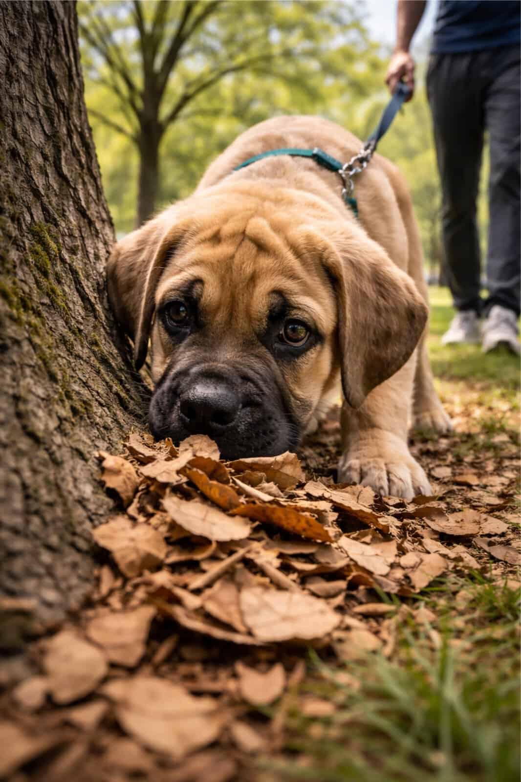 Mastiff puppy sniffing a pile of leaves at the base of a tree during a dog-led walk